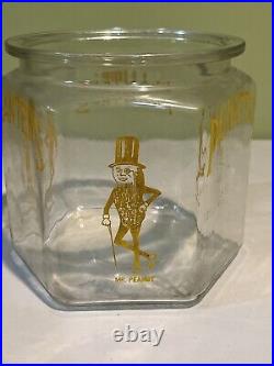 Vintage Set 2 Mr. Peanut Hexagon Glass Counter Jars, Lids & Mr. Peanut Pen