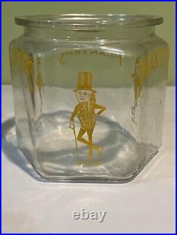 Vintage Set 2 Mr. Peanut Hexagon Glass Counter Jars, Lids & Mr. Peanut Pen