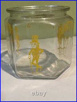 Vintage Set 2 Mr. Peanut Hexagon Glass Counter Jars, Lids & Mr. Peanut Pen