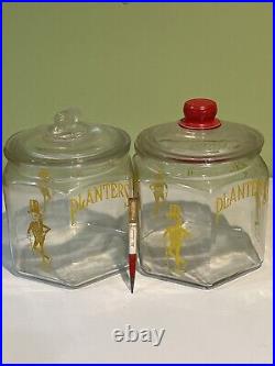 Vintage Set 2 Mr. Peanut Hexagon Glass Counter Jars, Lids & Mr. Peanut Pen