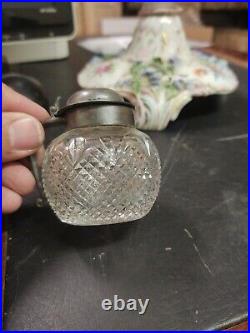 Vintage Small real Cut glass CONDIMENT JAR withHinged Silver Dome Lid & Handle