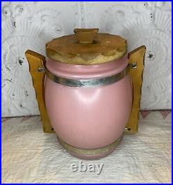Vintage Snack Jar Siesta Ware Frosted Pink Glass Wood Lid Handles Cookie 10