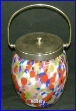 Vintage Spatterware End of Day Glass Handled Cracker Jar Pail