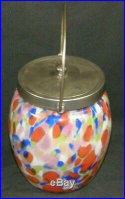 Vintage Spatterware End of Day Glass Handled Cracker Jar Pail