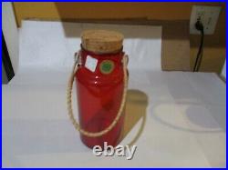 Vintage Takahashi Red Blown Glass Tall Jar w Wicker Rattan Handle Cork Lid Japan