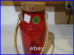 Vintage Takahashi Red Blown Glass Tall Jar w Wicker Rattan Handle Cork Lid Japan