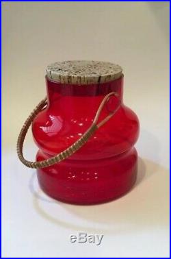 Vintage Takahashi Red Glass Jar With Cork Top And Wicker Handle, 1960s
