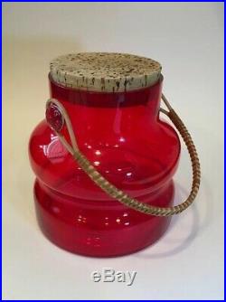 Vintage Takahashi Red Glass Jar With Cork Top And Wicker Handle, 1960s