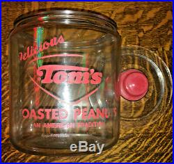 Vintage Tom`s Roasted Peanuts Store Glass Counter Display Glass Jar Red Handle