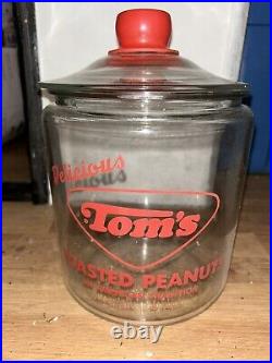 Vintage Tom's Toasted Peanuts Clear Glass Jar, Red Handled Lid, Counter Display