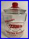 Vintage Tom’s Toasted Peanuts Clear Glass Jar, Red Handled Lid, Counter Display