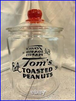 Vintage Tom's Toasted Peanuts Countertop Display Glass Jar Red Embossed Handle