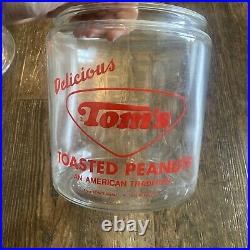 Vintage Tom's Toasted Peanuts Glass Jar Clear Lid Red Handle Counter Display