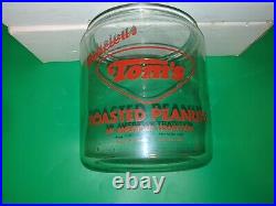 Vintage Tom's Toasted Peanuts Glass Jar Clear Lid Red Handle Counter Display