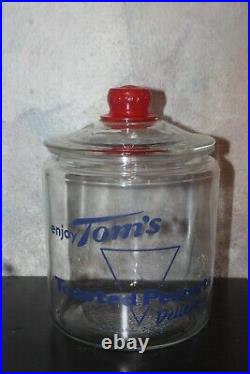 Vintage Tom's Toasted Peanuts Jar with Glass Lid and Red embossed Tom's Handle