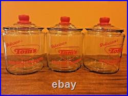 Vintage Tom's Toasted Peanuts Red Glass Jars with Handle Lids Counter Display VGC