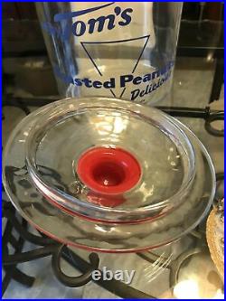 Vintage Toms Toasted Peanuts Glass Blue Letter Jar Lid Red Embossed Handle