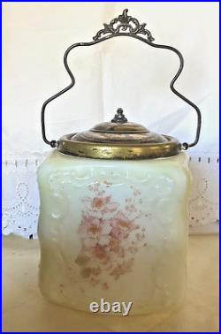 Vintage Wavecrest Square Bisquit Jar Milk Glass Hand Painted Metal LID & Handle