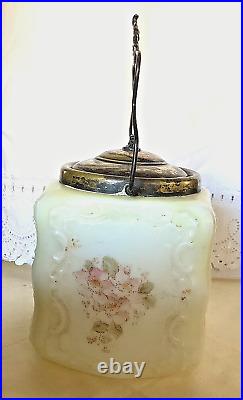 Vintage Wavecrest Square Bisquit Jar Milk Glass Hand Painted Metal LID & Handle