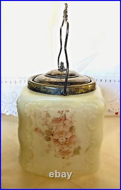 Vintage Wavecrest Square Bisquit Jar Milk Glass Hand Painted Metal LID & Handle