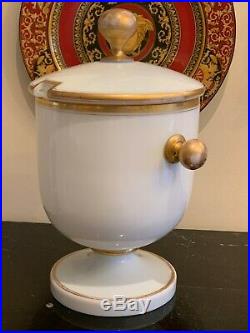 Vintage White Opaline Glass Large Footed Jar lidded bucket with Handles 13 High