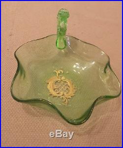 Vintage hand blown ornate gold gilded green Czech glass dish tray jar with handle