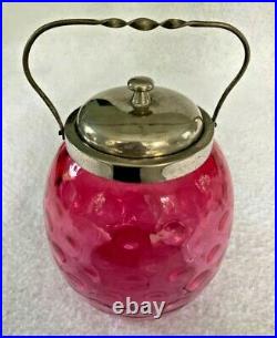 Vintage hand blown pink bubble glass Biscuit Jar with metal lid and handle VGC