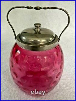 Vintage hand blown pink bubble glass Biscuit Jar with metal lid and handle VGC