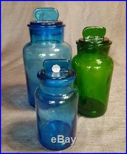 Vintage italy apothecary jar glass set blue and green. Fin handle. EUC