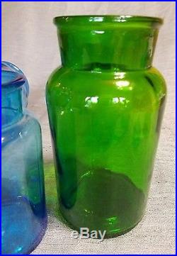 Vintage italy apothecary jar glass set blue and green. Fin handle. EUC