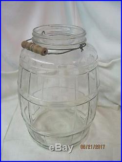 Vintage large glass Barrel Jar with with bail Wooden handle