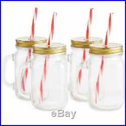 VonShef 4 Set Mason Jar Drinking Glass Jam 450ml With Handle Lid Reusable Straw