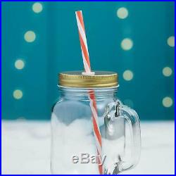 VonShef 4 Set Mason Jar Drinking Glass Jam 450ml With Handle Lid Reusable Straw