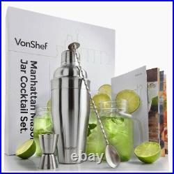 VonShef Stainless Steel Manhattan Cocktail Set with 4 Mason Jars, 18.5oz Shaker