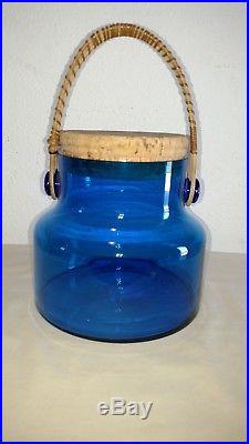 Vtg 1960's Takahashi COBALT Blue Blown Glass Jar With wicker Handle & Lid -Japan
