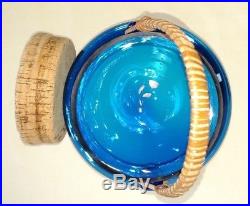 Vtg 1960's Takahashi COBALT Blue Blown Glass Jar With wicker Handle & Lid -Japan