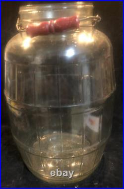 Vtg 3 Gallon Barrel Shaped Glass Screw Top Pickle Jar withLid & Bale Wood Handle