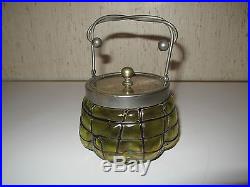 Vtg Antique Art Nouveau Glass Loetz Lidded Glass Biscuit Tobacco Jar With Handle