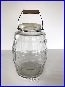 Vtg Antique PICKLE JAR Duraglas Barrel Glass wood wire handle Old Store Candy