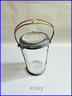 Vtg Art Deco Glass Covered Jar with Handle Metal Floral Encased 7.5'' T 4''W