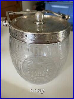 Vtg Chinese Etched Cut Glass Ice Jar Bucket Silver Plate Lid Handle Greek Key