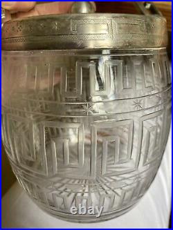 Vtg Chinese Etched Cut Glass Ice Jar Bucket Silver Plate Lid Handle Greek Key