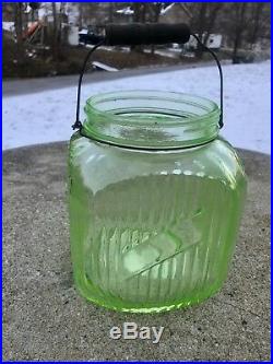 Vtg Depression Era Anchor Hocking Green Ribbed Glass Hoosier Store Jar with Handle
