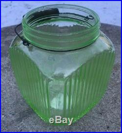 Vtg Depression Era Anchor Hocking Green Ribbed Glass Hoosier Store Jar with Handle