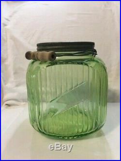 Vtg Depression Green Cookie Jar Ribbed Hoosier Anchor Hocking Carrying Handle