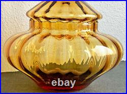Vtg Empoli MURANO Optic Glass Apothecary Jar with Circus Tent Lid Honey MCM Amber