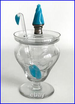 Vtg Etched Floral Glass Sterling Silver Jam Jar Hand Blown Robins Egg Blue Spoon