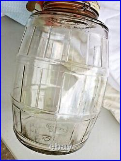 Vtg GLASS BARREL JAR CARNATION MALTED MILK WIRE WOOD HANDLE DURAGLAS COOKIE JAR