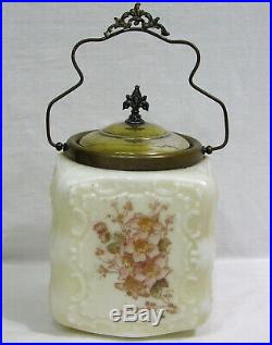 Vtg Glass Cracker Biscuit Jar w Pink Floral Decor Embossed Scrolls Ornate Handle