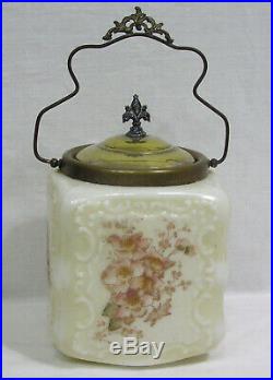 Vtg Glass Cracker Biscuit Jar w Pink Floral Decor Embossed Scrolls Ornate Handle